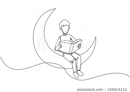 Single one line drawing man sitting on crescent moon reading a book. Metaphor of reading a fairy story before sleeping. Read until late. Love reading. Continuous line design graphic illustration Single one line drawing man sitting on crescent moon reading a book. Metaphor of reading a fairy story before sleeping. Read until late. Love reading. Continuous line design graphic illustration 108924218