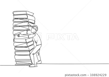 Single continuous line drawing man hugging a very high pile of books. Hobby to collecting and reading books. Filling free time with useful things. Loving read. One line design vector illustration 108924229