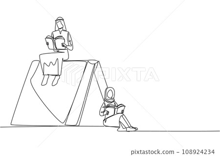 Single one line drawing a tent made of the book. Arab man woman reading the adventure fiction books in the wild. Addicted to reading. Book festival concept. Continuous line design graphic illustration 108924234