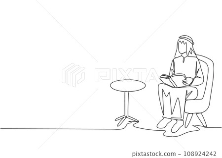Single one line drawing Arabian man sitting reading on sofa. Reading focus in the living room. Relieve fatigue from daily activities. Book festival concept. Continuous line design graphic illustration 108924242