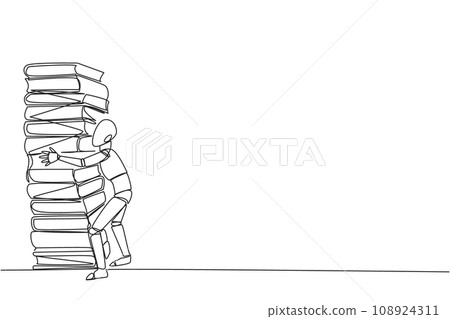 Continuous one line drawing smart robot hugging very high pile of books. Hobby to collecting and reading books. Filling free time with useful things. Read. Single line draw design vector illustration Continuous one line drawing smart robot hugging very high pile of books. Hobby to collecting and reading books. Filling free time with useful things. Read. Single line draw design vector illustration 108924311