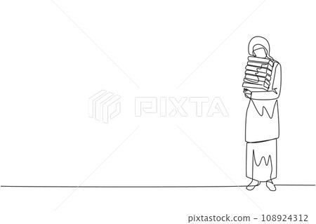 Single continuous line drawing Arabian woman standing hugging some books. Favorite book that finish reading. Some books will be donated to national library. Charity. Knowledge. One line design vector Single continuous line drawing Arabian woman standing hugging some books. Favorite book that finish reading. Some books will be donated to national library. Charity. Knowledge. One line design vector 108924312