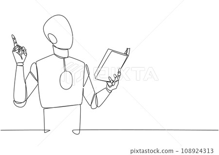 Continuous one line drawing robot standing reading book. Gesture gets idea. Book can see from different points of view. Brilliant idea from reading book. Single line draw design vector illustration Continuous one line drawing robot standing reading book. Gesture gets idea. Book can see from different points of view. Brilliant idea from reading book. Single line draw design vector illustration 108924313