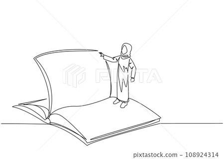 Continuous one line drawing Arab woman standing over open ledger turning page. Read slowly to understand contents of each page. Reading increases insight. Single line draw design vector illustration Continuous one line drawing Arab woman standing over open ledger turning page. Read slowly to understand contents of each page. Reading increases insight. Single line draw design vector illustration 108924314