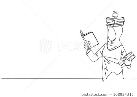 Single one line drawing Arab woman reading book practicing balance. Stack books on top of head along with the apple. Balancing reading rhythm, train focus. Continuous line design graphic illustration Single one line drawing Arab woman reading book practicing balance. Stack books on top of head along with the apple. Balancing reading rhythm, train focus. Continuous line design graphic illustration 108924315