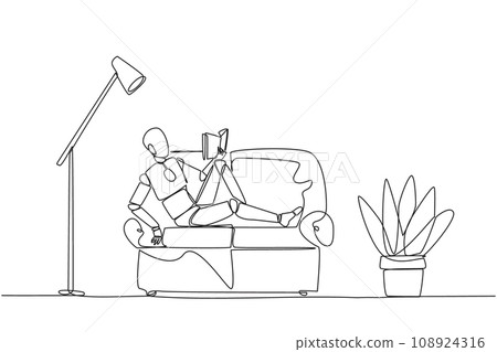 Single one line drawing smart robot sitting stretched out on sofa reading book. Really like content of the book reading on each page. Impressive. Love read. Continuous line design graphic illustration 108924316