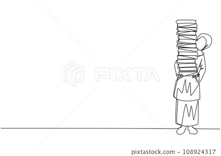 Single continuous line drawing Arab woman carrying tall stack of books covering herself. Newly purchase book from bookstore. Read books one by one at home. Reading. One line design vector illustration Single continuous line drawing Arab woman carrying tall stack of books covering herself. Newly purchase book from bookstore. Read books one by one at home. Reading. One line design vector illustration 108924317
