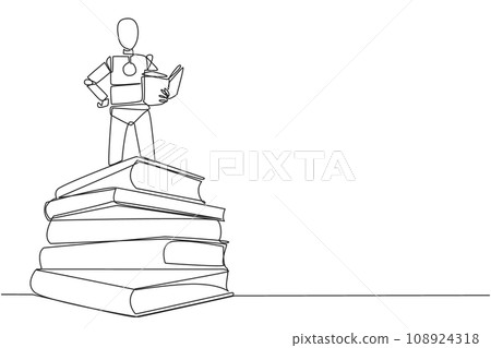 Single continuous line drawing smart robotic standing on a pile of books reading the fiction story book. Intrigued by book series. Read anywhere to finish reading. One line design vector illustration Single continuous line drawing smart robotic standing on a pile of books reading the fiction story book. Intrigued by book series. Read anywhere to finish reading. One line design vector illustration 108924318