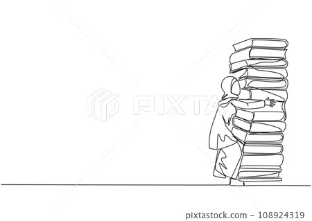 Continuous one line drawing Arab woman hugging very high pile of books. Hobby to collecting and reading books. Filling free time with useful things. Read. Single line draw design vector illustration Continuous one line drawing Arab woman hugging very high pile of books. Hobby to collecting and reading books. Filling free time with useful things. Read. Single line draw design vector illustration 108924319