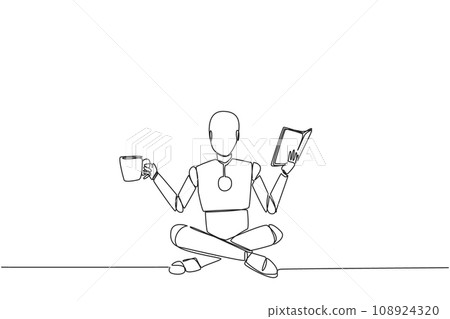 Single one line drawing smart robot sitting cross-legged reading book. Accompanied by mug of coffee to make reading more interesting. Knowledge. Calmness. Continuous line design graphic illustration Single one line drawing smart robot sitting cross-legged reading book. Accompanied by mug of coffee to make reading more interesting. Knowledge. Calmness. Continuous line design graphic illustration 108924320
