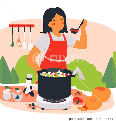 Vector woman cooking soup 108924354