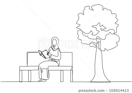 Single one line drawing Arabian woman sitting on park bench reading book. Learn by re-reading textbook. Read to get maximum marks. Reading increase insight. Continuous line design graphic illustration Single one line drawing Arabian woman sitting on park bench reading book. Learn by re-reading textbook. Read to get maximum marks. Reading increase insight. Continuous line design graphic illustration 108924423