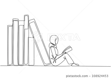 Continuous one line drawing Arabian woman reading sitting leaning against pile of books. Habit of reading books every day. Library. Book festival concept. Single line draw design vector illustration Continuous one line drawing Arabian woman reading sitting leaning against pile of books. Habit of reading books every day. Library. Book festival concept. Single line draw design vector illustration 108924453