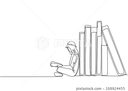 Single continuous line drawing Arabian man reading sitting leaning against a pile of books. Habit of reading books every day. Library. Good habit. Book festival concept. One line vector illustration 108924455
