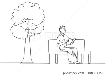 Single one line drawing Arabian man sitting on park bench reading book. Learn by re-reading textbook. Read to get maximum marks. Reading increase insight. Continuous line design graphic illustration Single one line drawing Arabian man sitting on park bench reading book. Learn by re-reading textbook. Read to get maximum marks. Reading increase insight. Continuous line design graphic illustration 108924456