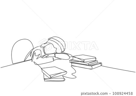Continuous one line drawing Arabian man asleep at the table where there were piles of books. Tired after successfully finish favorite reading book. Reading. Single line draw design vector illustration Continuous one line drawing Arabian man asleep at the table where there were piles of books. Tired after successfully finish favorite reading book. Reading. Single line draw design vector illustration 108924458