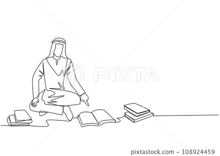 Single one line drawing Arabian man reading the books happily. Good reading interest. Really enjoy reading story books. Reading everywhere. Book festival concept. Continuous line graphic illustration Single one line drawing Arabian man reading the books happily. Good reading interest. Really enjoy reading story books. Reading everywhere. Book festival concept. Continuous line graphic illustration 108924459
