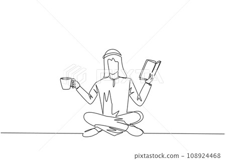 Single one line drawing Arabian man sitting cross-legged reading book. Accompanied by mug of coffee to make reading more interesting. Knowledge. Calmness. Continuous line design graphic illustration 108924468