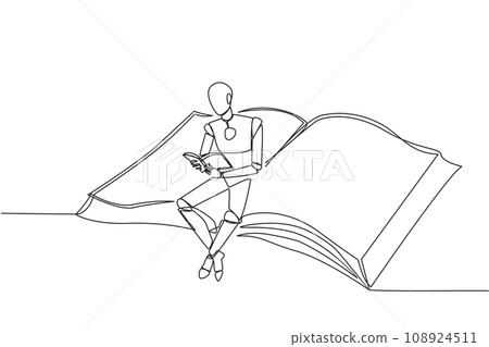 Single continuous line drawing smart robot sitting reading on large flying book. Relax reading like on a carpet flying into the sky. Future technology development. One line design vector illustration Single continuous line drawing smart robot sitting reading on large flying book. Relax reading like on a carpet flying into the sky. Future technology development. One line design vector illustration 108924511