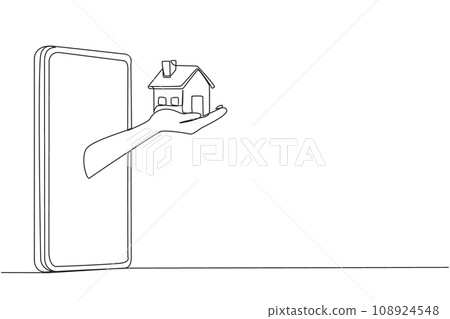 Single continuous line drawing hands come out from middle of smartphone holding a miniature house. Getting best asset in the form of a house from business result. One line design vector illustration 108924548