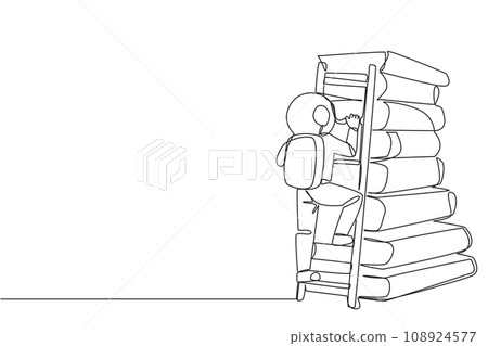 Continuous one line drawing astronaut climbs a large stack of books with a ladder. World window book metaphor. Reading increases knowledge. Cosmonaut. Single line draw design vector illustration Continuous one line drawing astronaut climbs a large stack of books with a ladder. World window book metaphor. Reading increases knowledge. Cosmonaut. Single line draw design vector illustration 108924577