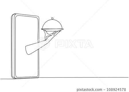 Single one line drawing hand comes out from the middle of the smartphone holding food tray. The analogy of ordering food for dinner. Online food shopping. Continuous line design graphic illustration Single one line drawing hand comes out from the middle of the smartphone holding food tray. The analogy of ordering food for dinner. Online food shopping. Continuous line design graphic illustration 108924578