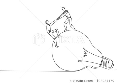 Continuous one line drawing businessman helps colleague climb the big lightbulb. Metaphors related to ideas. Brainstorm to achieve the best brilliant ideas. Single line draw design vector illustration Continuous one line drawing businessman helps colleague climb the big lightbulb. Metaphors related to ideas. Brainstorm to achieve the best brilliant ideas. Single line draw design vector illustration 108924579