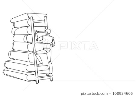 Single one line drawing smart robot climbs a large stack of books with a ladder. World window book metaphor. Reading increases knowledge. Future technology. Continuous line design graphic illustration 108924606