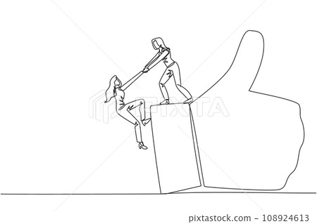 Continuous one line drawing businesswoman helps colleague climb finger gesture thumbs up. Working together towards success. Positive vibes. Cohesiveness. Single line draw design vector illustration Continuous one line drawing businesswoman helps colleague climb finger gesture thumbs up. Working together towards success. Positive vibes. Cohesiveness. Single line draw design vector illustration 108924613