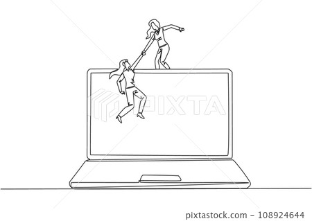 Continuous one line drawing businesswoman helping colleague to climb a laptop computer. Help create applications to develop business online. Great teamwork. Single line draw design vector illustration Continuous one line drawing businesswoman helping colleague to climb a laptop computer. Help create applications to develop business online. Great teamwork. Single line draw design vector illustration 108924644