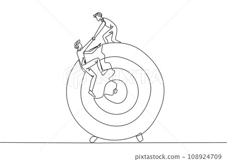 Continuous one line drawing businessman helps colleague climb arrow board target. Metaphors help focus on completing tasks one at time. Success together. Single line draw design vector illustration 108924709
