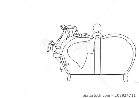 Single continuous line drawing businesswoman helps partner climb the big crown. Grow together, success together. Achieve the desired success. Victory. Prestige. One line design vector illustration 108924711