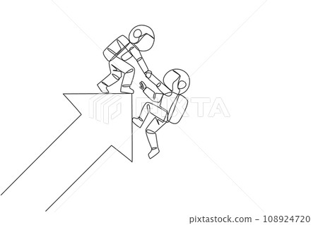 Single continuous line drawing astronaut helps colleague climb the big rising arrow symbol. Compact teamwork. Positive effect on company. Complete work correctly. One line design vector illustration 108924720