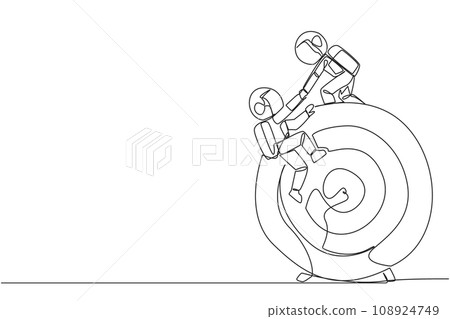 Single one line drawing young astronaut helps colleague climb the big arrow board target. Metaphors help focus on completing tasks one at time. Together. Continuous line design graphic illustration 108924749