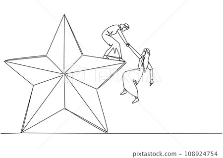 Single one line drawing Arab businessman helps colleague climb big star. Metaphor of achieving dreams of success together. Have a very good career position. Continuous line design graphic illustration 108924754