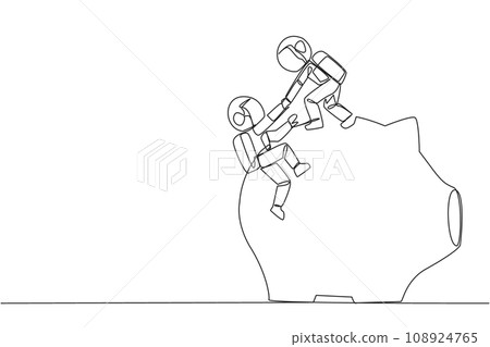 Single one line drawing astronaut helps colleague climb the big piggy bank. Remind each other in kindness. Investment for the future. Super great teamwork. Continuous line design graphic illustration 108924765
