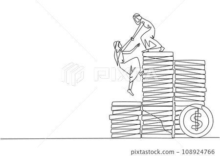 Single continuous line drawing Arab businessman helps colleague climb pile of coins. Metaphors help achieve financial targets before entering retirement. Teamwork. One line design vector illustration 108924766