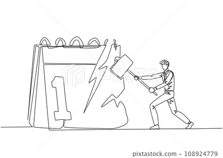 Single one line drawing businessman preparing to hit the big desk calendar. Very angry expression. Lots of deadlines, holiday schedules become messy. Irate. Continuous line design graphic illustration Single one line drawing businessman preparing to hit the big desk calendar. Very angry expression. Lots of deadlines, holiday schedules become messy. Irate. Continuous line design graphic illustration 108924779
