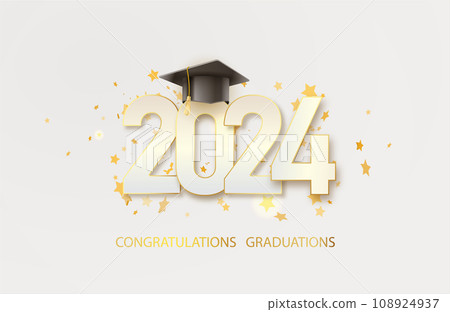 2024 Graduate college, high school or university cap with gold Congrats Class of 2024 background. Vector 108924937