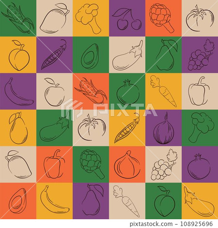 Fruit and vegetable geometric seamless pattern. Food background in line art, hand drawn style. Fruits and vegetables arranged in square. Vector illustration. 108925696