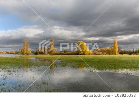 Flooded meadow after heavy rains. Autumn landscape. 108926358