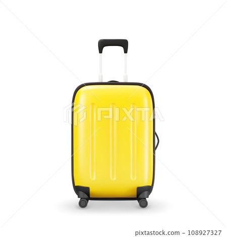 3D Cartoon Yellow Suitcase on Wheels Front View Isolated on White Background. Plastic Travel Bag for Journey, Travel or Tourism Concept. Vector Illustration of 3D Render. 3D Cartoon Yellow Suitcase on Wheels Front View Isolated on White Background. Plastic Travel Bag for Journey, Travel or Tourism Concept. Vector Illustration of 3D Render. 108927327