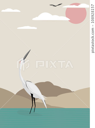 Red Crowned Crane as Long-legged and Long-necked Bird looking for eagle in the sky. Vector Illustration 108928157