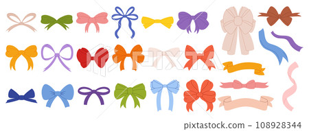 Simple hand drawn ribbon bow collection in flat organic modern style. Bowknot for decoration, big set of bowtie Simple hand drawn ribbon bow collection in flat organic modern style. Bowknot for decoration, big set of bowtie 108928344