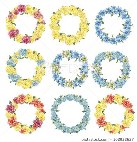 Flowers wreath with dahlia, watercolor illustration for cards, backgrounds. Watercolor illustration for scrapbooking. Hand drawn background with flower for your design. Perfect for wedding invitation. Flowers wreath with dahlia, watercolor illustration for cards, backgrounds. Watercolor illustration for scrapbooking. Hand drawn background with flower for your design. Perfect for wedding invitation. 108928627