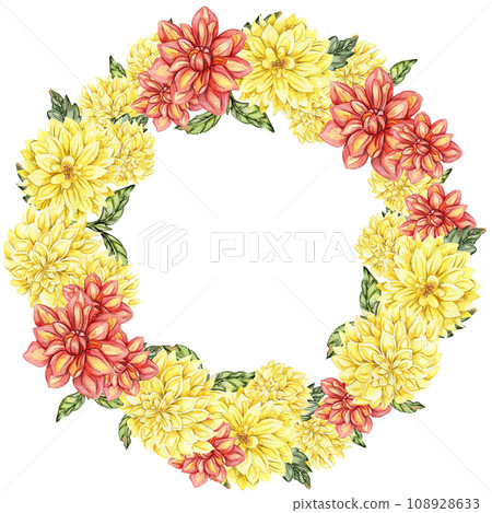 Flowers wreath with dahlia, watercolor illustration for cards, backgrounds. Watercolor illustration for scrapbooking. Hand drawn background with flower for your design. Perfect for wedding invitation. Flowers wreath with dahlia, watercolor illustration for cards, backgrounds. Watercolor illustration for scrapbooking. Hand drawn background with flower for your design. Perfect for wedding invitation. 108928633