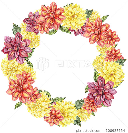 Flowers wreath with dahlia, watercolor illustration for cards, backgrounds. Watercolor illustration for scrapbooking. Hand drawn background with flower for your design. Perfect for wedding invitation. 108928634