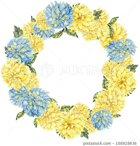 Flowers wreath with dahlia, watercolor illustration for cards, backgrounds. Watercolor illustration for scrapbooking. Hand drawn background with flower for your design. Perfect for wedding invitation. Flowers wreath with dahlia, watercolor illustration for cards, backgrounds. Watercolor illustration for scrapbooking. Hand drawn background with flower for your design. Perfect for wedding invitation. 108928636