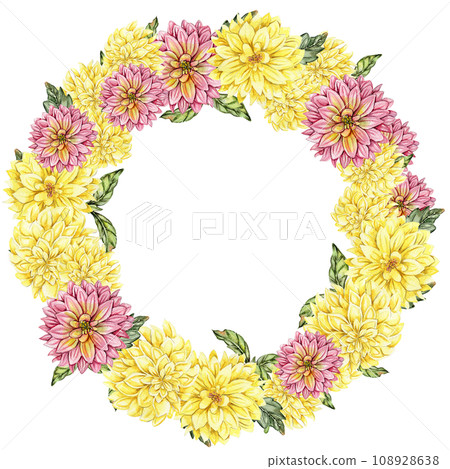 Flowers wreath with dahlia, watercolor illustration for cards, backgrounds. Watercolor illustration for scrapbooking. Hand drawn background with flower for your design. Perfect for wedding invitation. Flowers wreath with dahlia, watercolor illustration for cards, backgrounds. Watercolor illustration for scrapbooking. Hand drawn background with flower for your design. Perfect for wedding invitation. 108928638