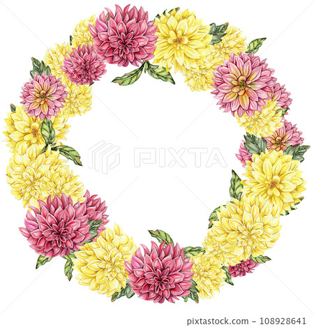 Flowers wreath with dahlia, watercolor illustration for cards, backgrounds. Watercolor illustration for scrapbooking. Hand drawn background with flower for your design. Perfect for wedding invitation. 108928641